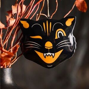 New! Anthropologie Enamelware Cat Ornament in Orange Pattern.